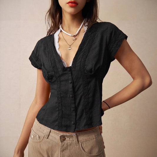 Retro Artistic Slim Fit Womens Short Sleeve Top