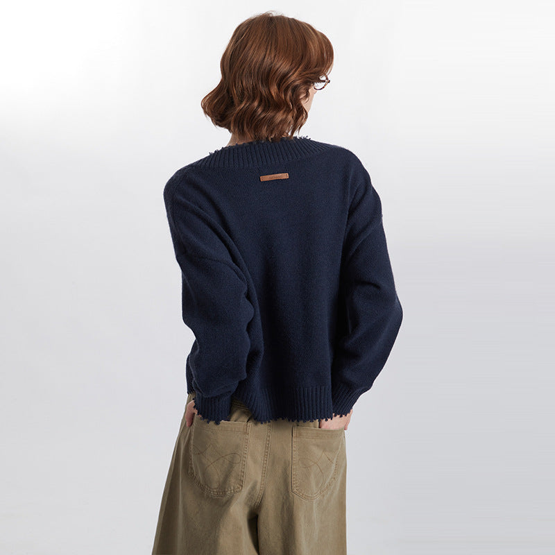 European And American Raw Edges Design V-neck Long-sleeved Sweater