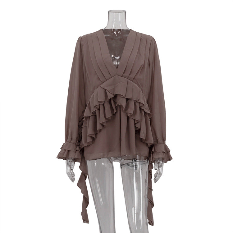 Chiffon V-neck Long Sleeve Shirt