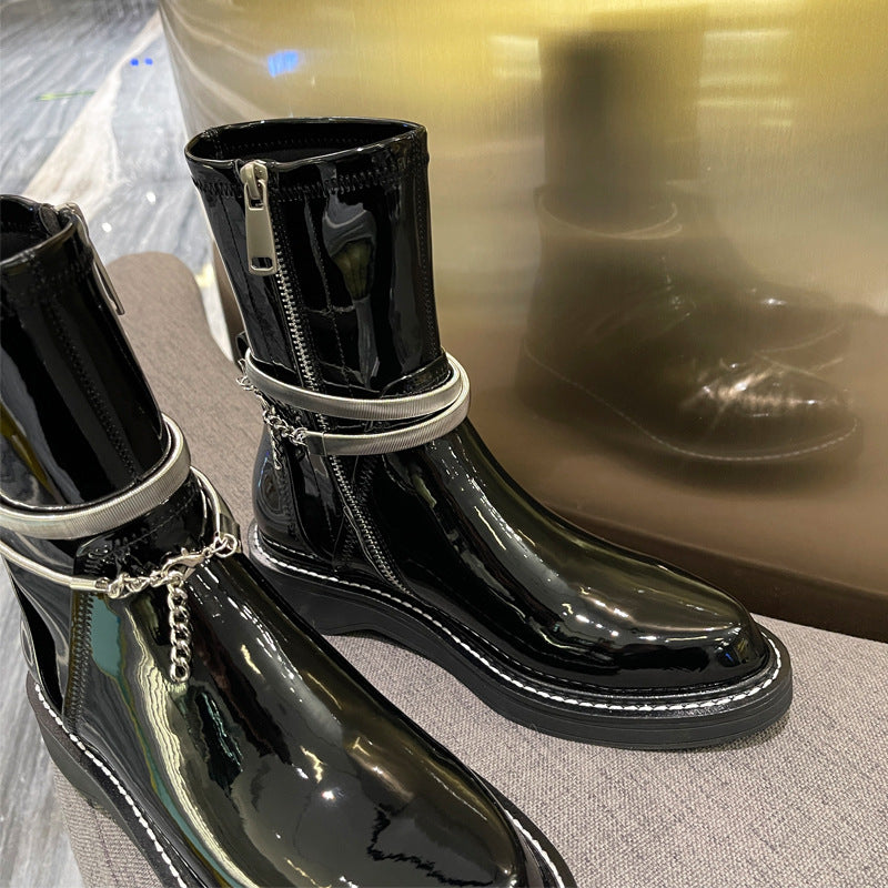 Black Patent Leather Pointed Toe Martin Boots Female British Style