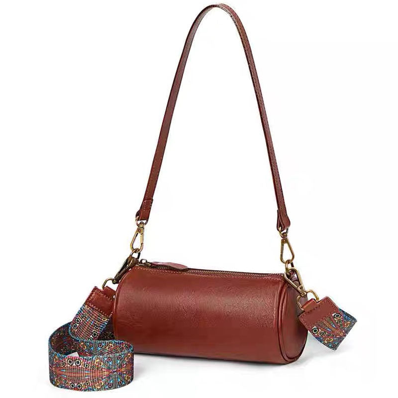 Top Layer Cowhide Leather Single-shoulder Bag Wide Shoulder Strap Round Bag