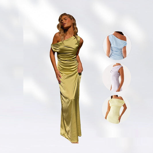 New Solid-color Asymmetrical Neckline Pleated Long Dress