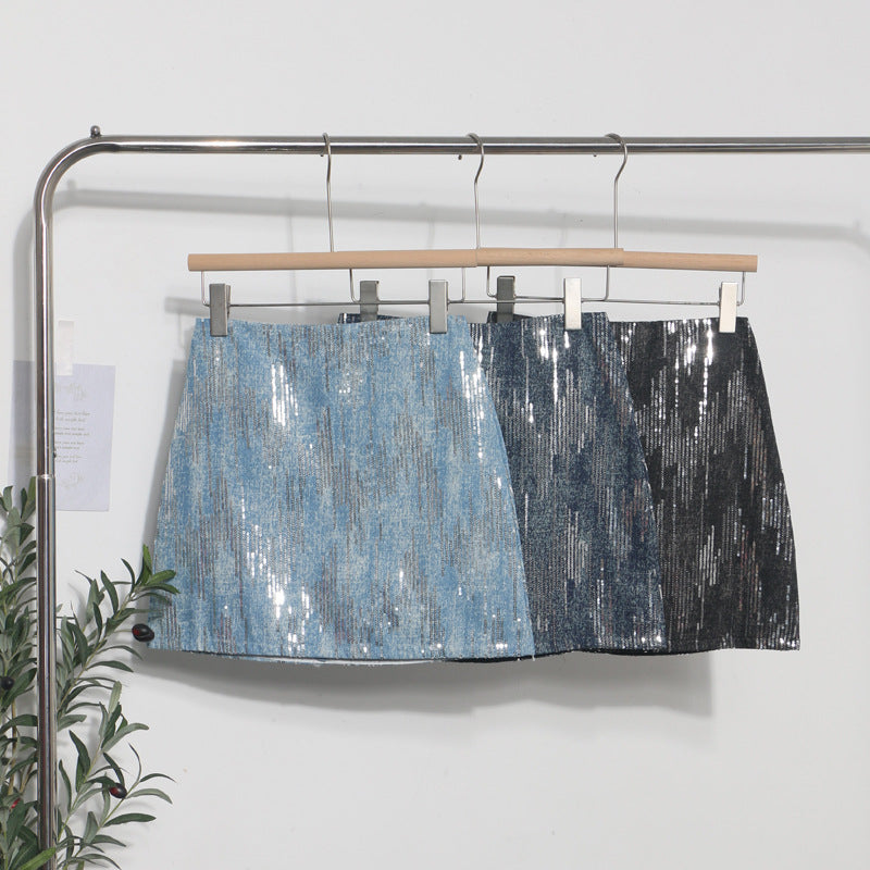 Hot Girl High Waist A- Line Sequined Skirt Shiny Skirt