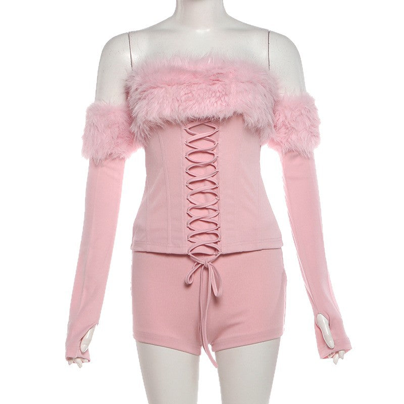 Womens Solid-Color Fluffy Patchwork Long-Sleeve Halter Top And Shorts Set