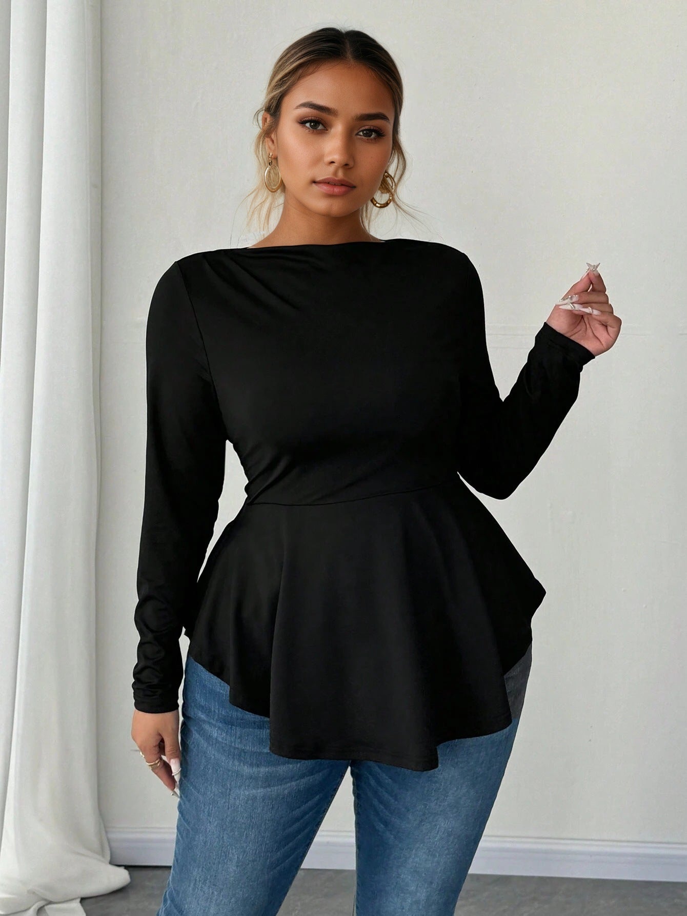 Irregular Hem Pleated Waist-cinching Long-sleeved Sexy Top
