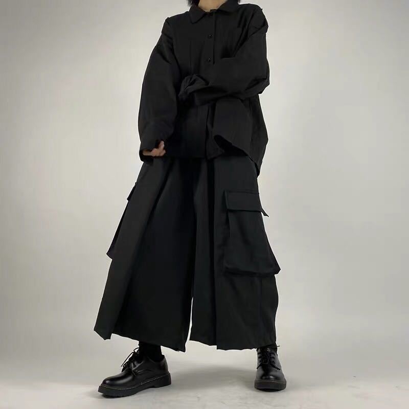 Large Swing Black Japanese Wide-leg Pants Split Draping Cropped Tooling Large Pocket