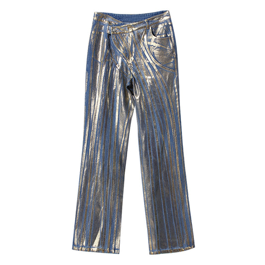 Gilding Jeans Slant Buckle Waist Stitching Strip Brush Silver Powder Craft