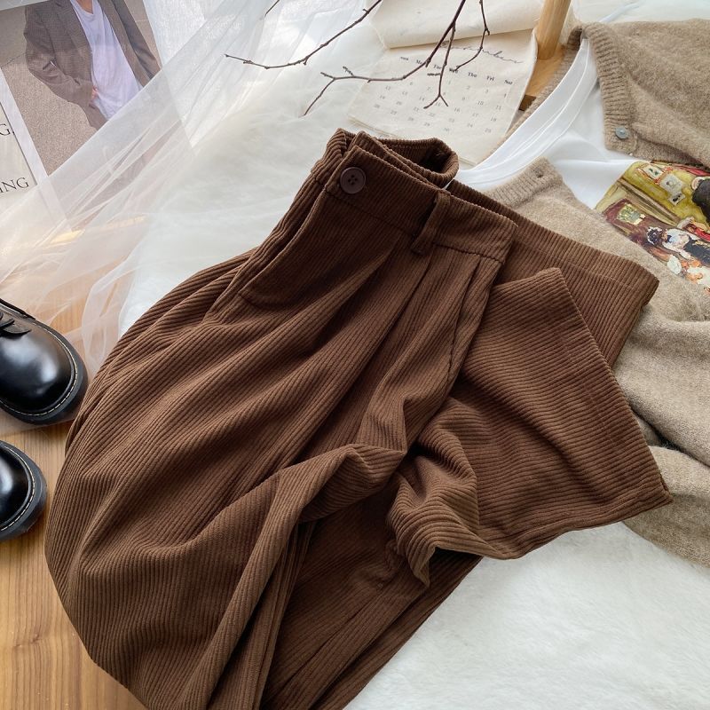 Women's Loose Slimming Straight Casual Long Pants Wide-leg Corduroy Fleece-lined
