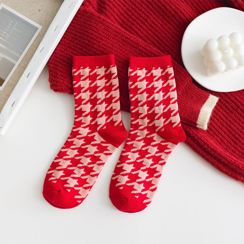 Houndstooth Red Christmas Socks Cotton