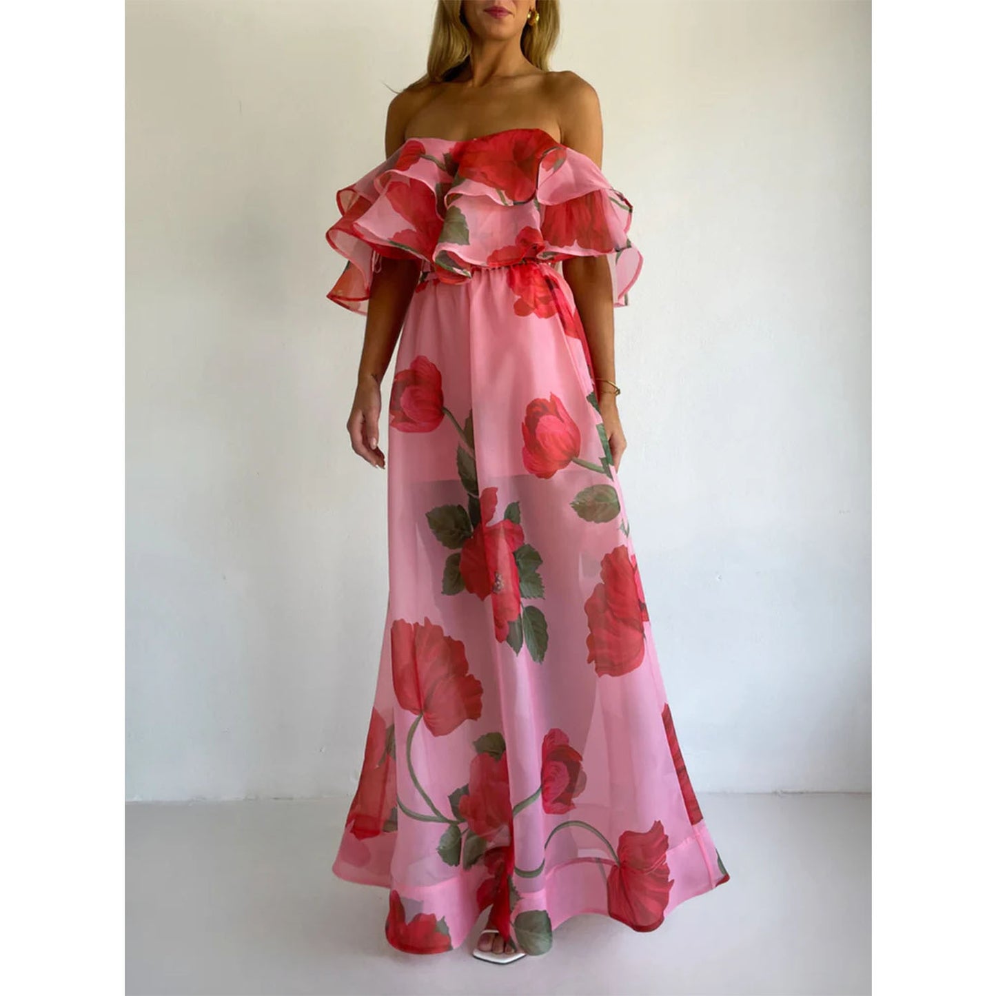 Spring Summer Sexy Strapless Irregular Printed Maxi Dress