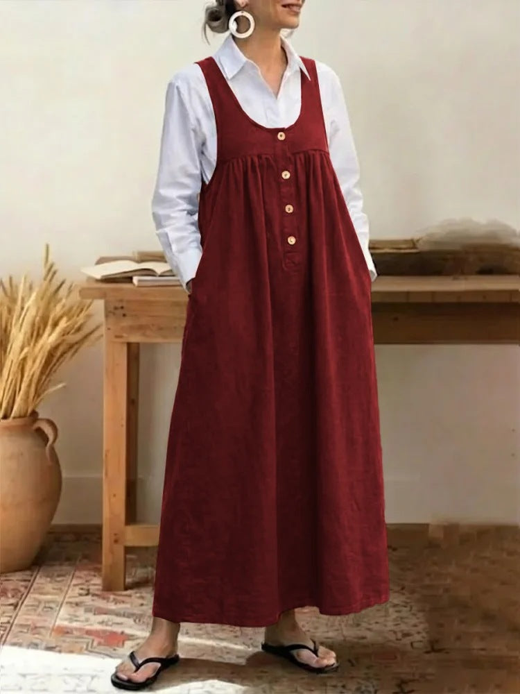 Loose Overalls Dress Casual U-neck Button Pockets Dresses Summer Spring Clothing