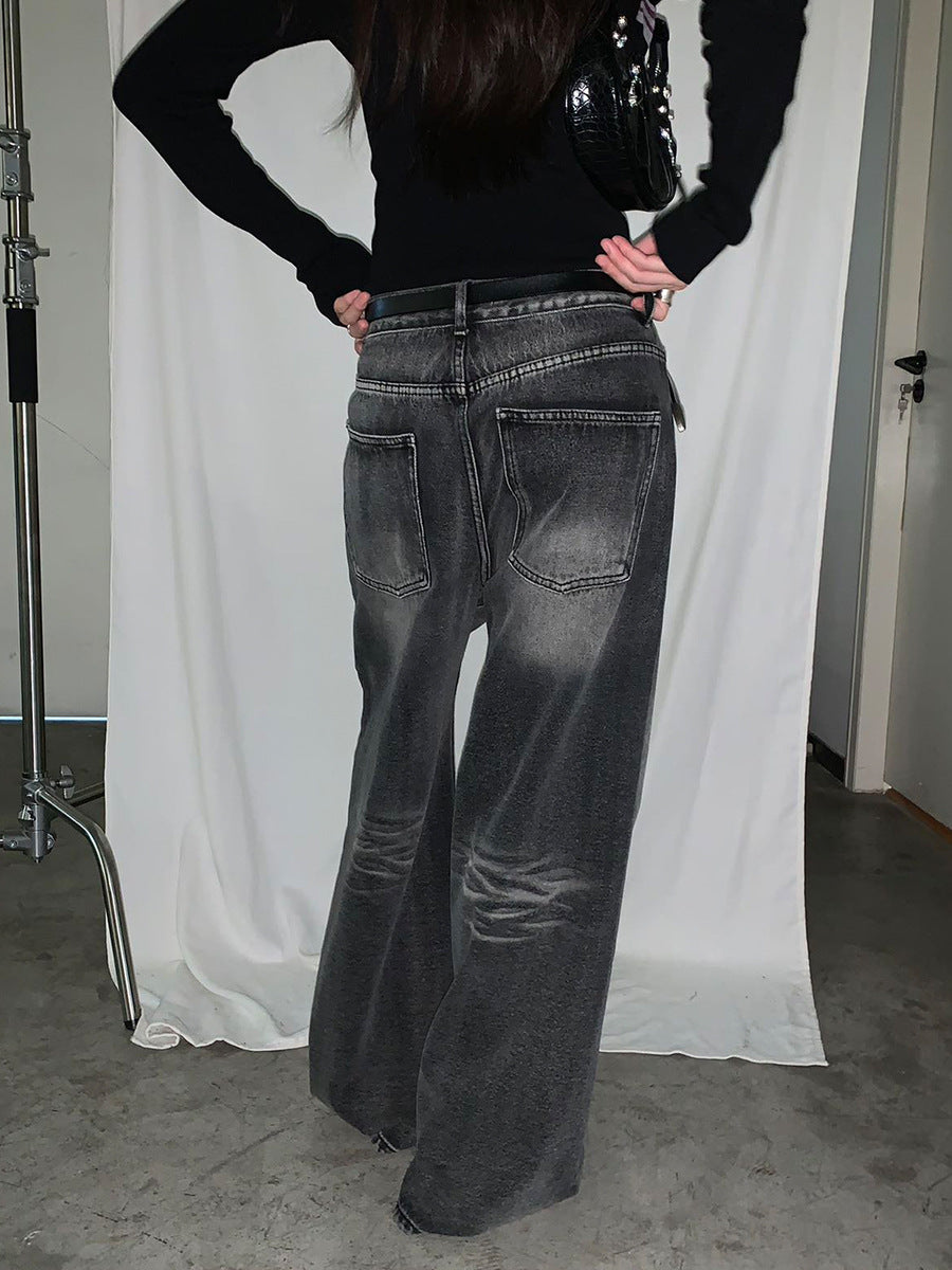 Gamle retro-vaskede højtaljede casual jeans med brede ben