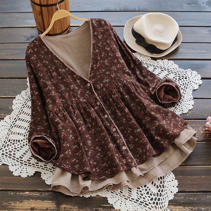 Small Floral V-Neck Fake Two Long-Sleeved Loose Large Size Blouses