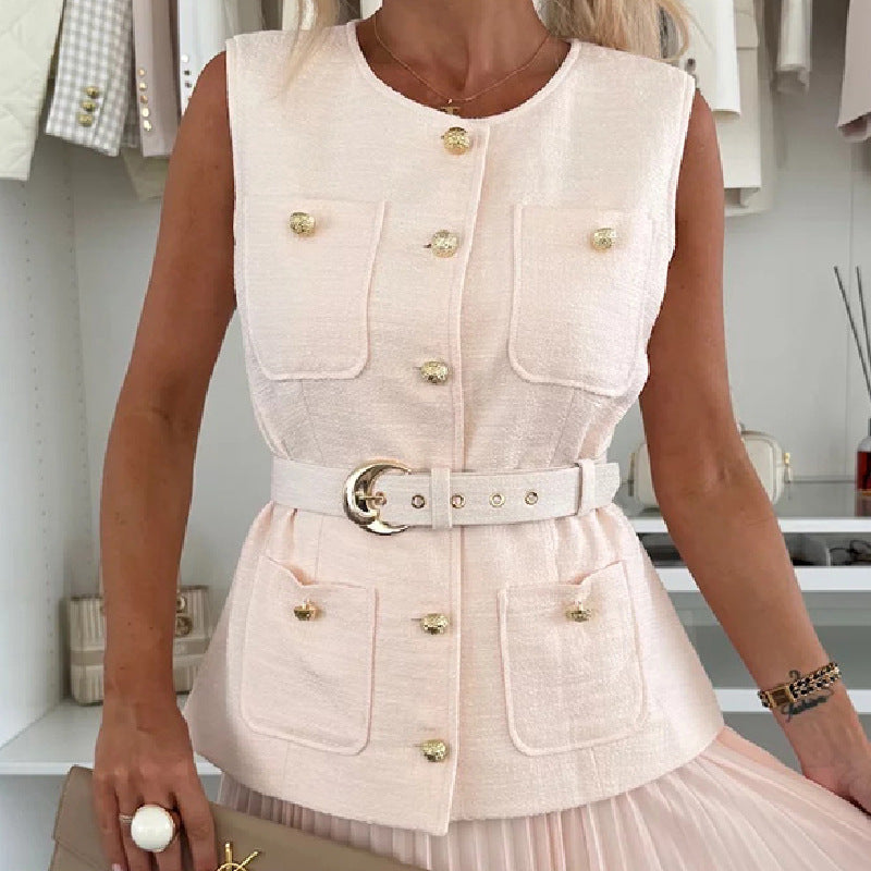 Sleeveless Chanel-style Vest Paired With A Mesh Pleated Skirt Two-piece Set