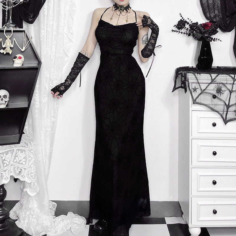 Dark Sensual Spiderweb Backless Dress With A Halter Neckline