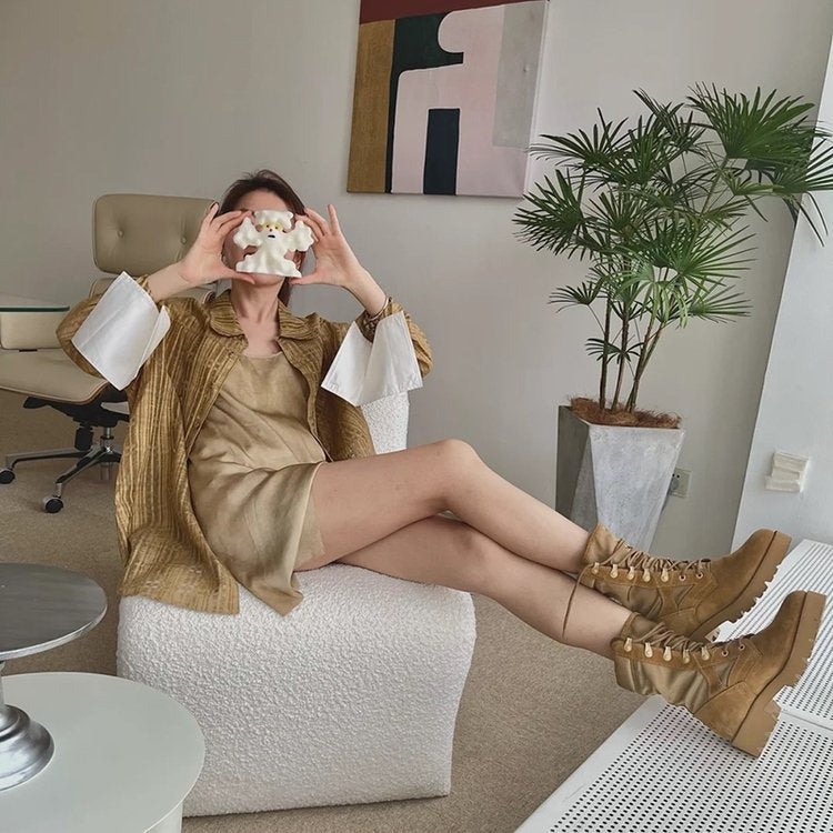 Vintage Frosted Sponge Cake Platform Women's Ankle Boots With Laces