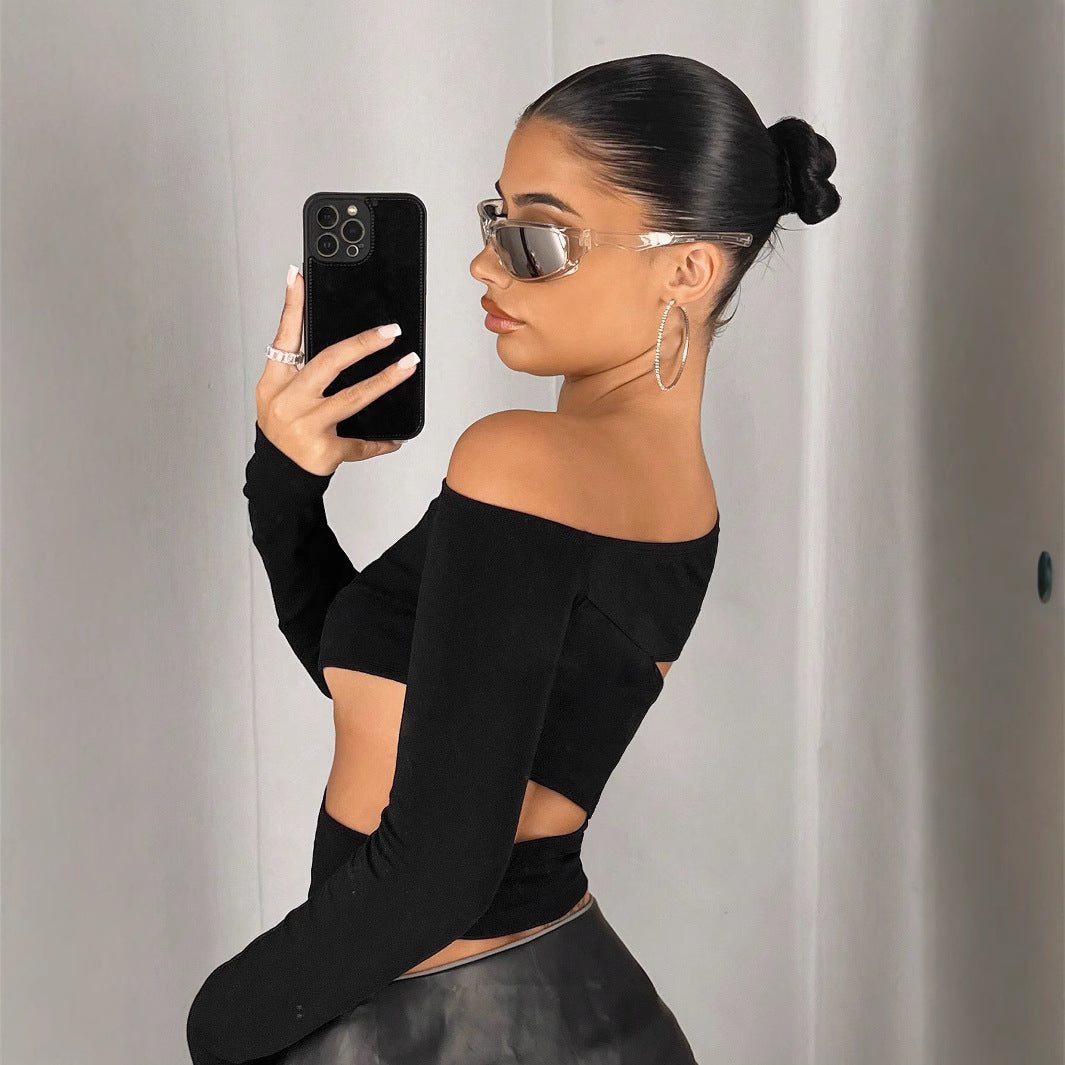 Ny Slim Fit Skrå Krave Stropløs Sexet Off-shoulder Navle T-shirt