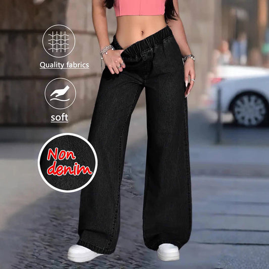 Womens High-waisted Straight-leg Faux Denim Wide-leg Pants
