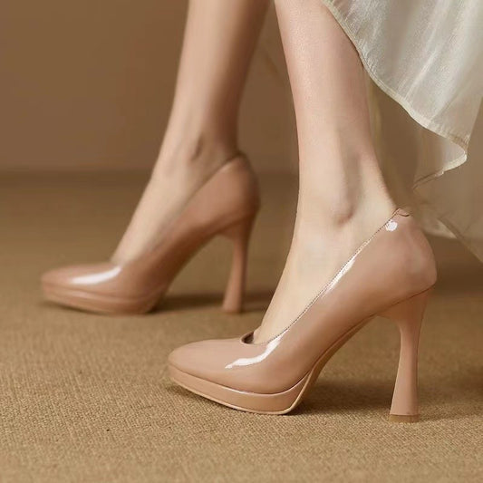 Low-cut Waterproof Platform Gentle Bright Leather Pumps Professional Women's Shoe