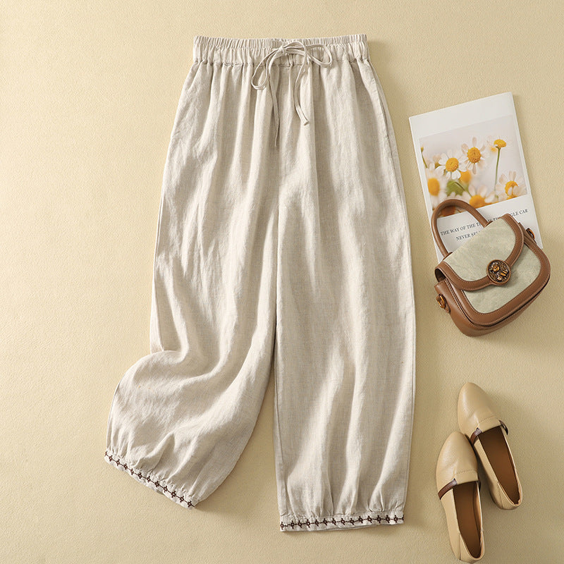 Womens Cotton Linen Embroidered Drawstring Loose Casual Pants