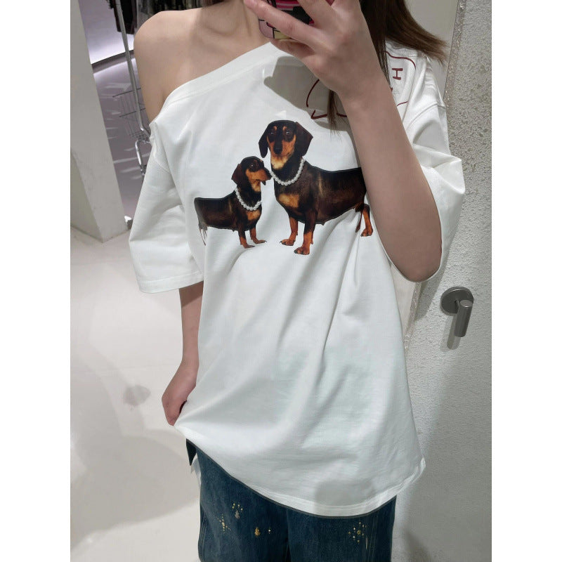 Women's Short-sleeved T-shirt With Oblique Shoulder Printed Loose Sweet And Spicy Off-shoulder