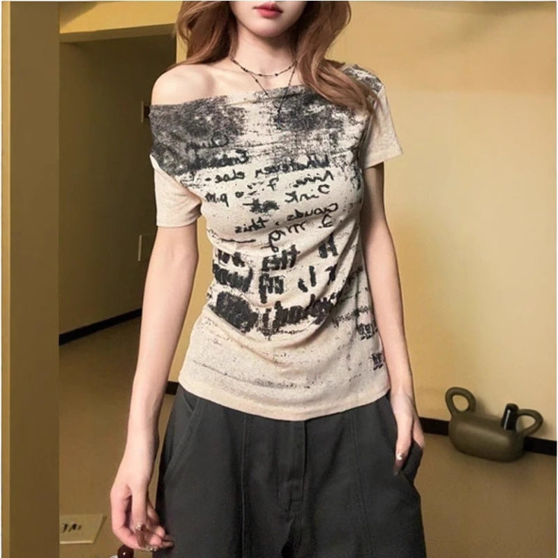 American-style Retro Off-shoulder Boat-neck Short-sleeve T-shirt