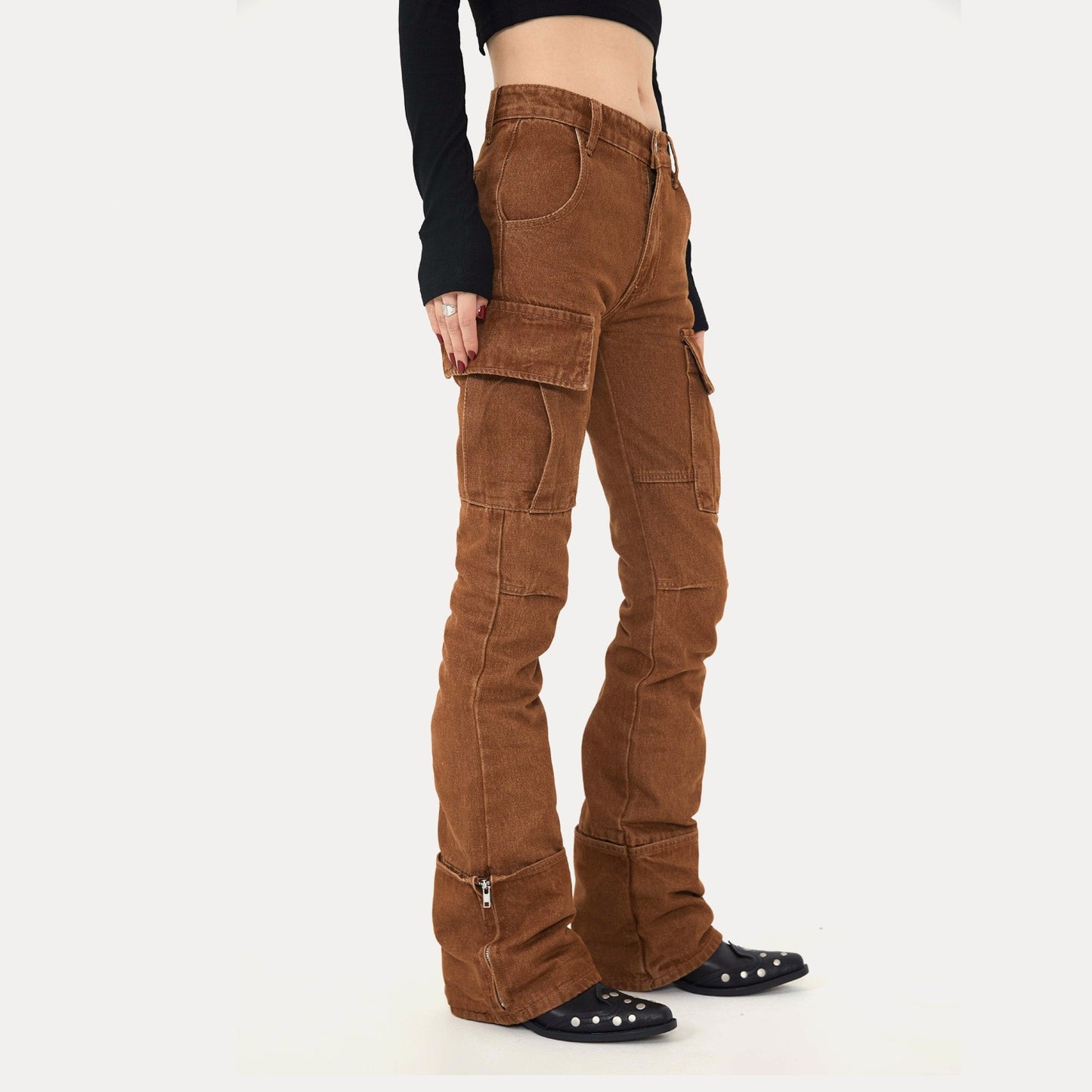 The Ins Wind Casual Niche Brown Micro-labelled Denim Pants Female