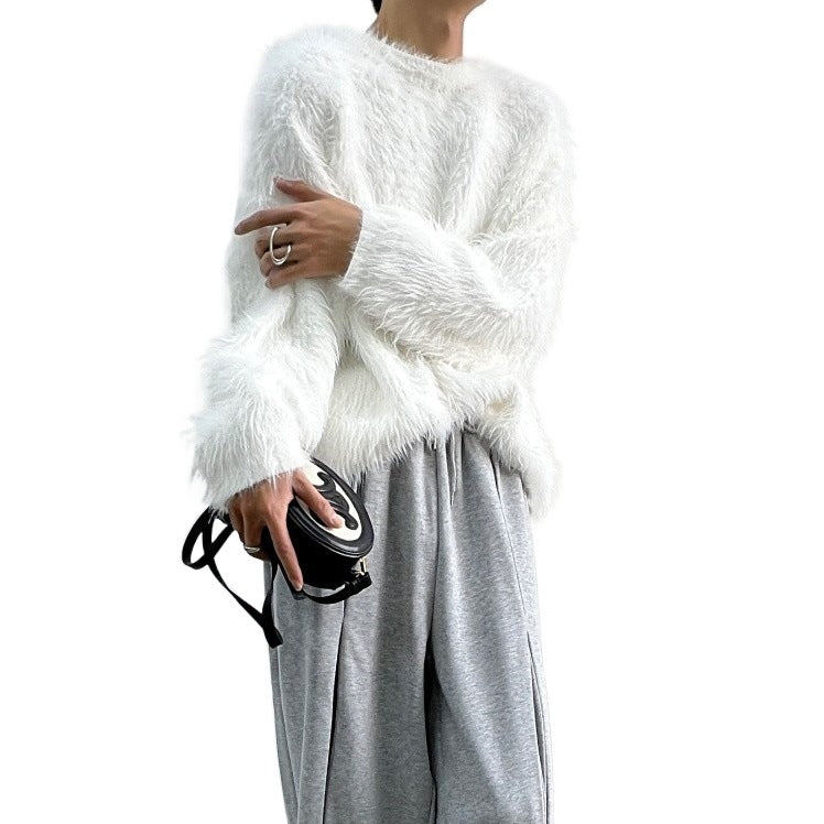 Ensfarvet all-match rundhalset pullover fortykket mink-sweater til mænd