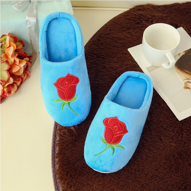 Rose Embroidered Soft Bottom Home Indoor Non Slip Cotton Slippers