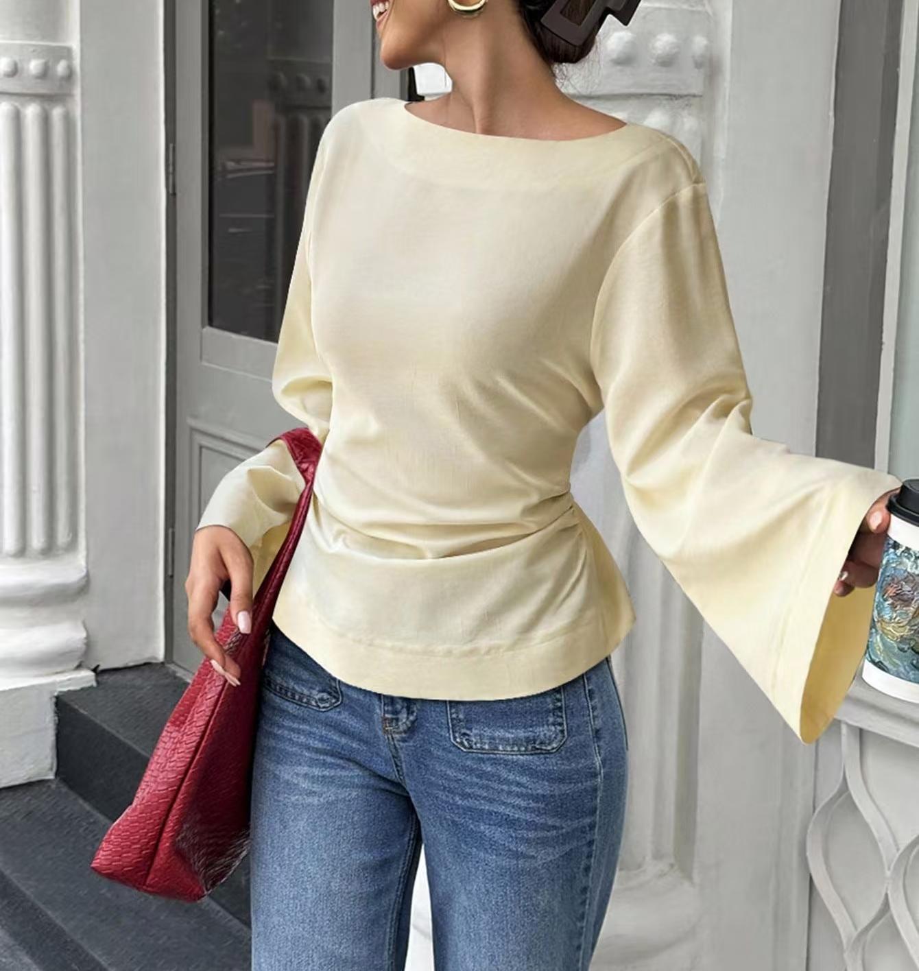 Flared Long Sleeve Pullover Women's Clothing