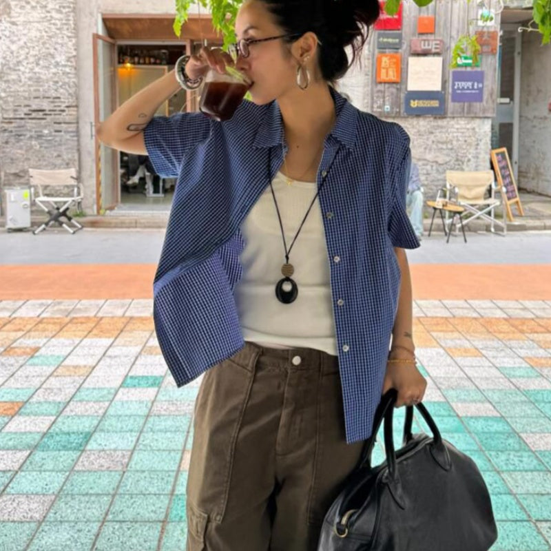 Blue Short Sleeve Plaid Shirt Female Summer Retro Loose Casual