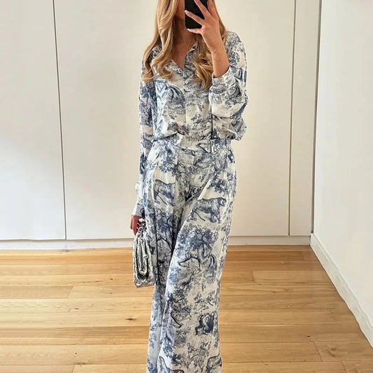 Floral Lapel Shirt Relaxed-Style Early Autumn Fashion Set For Women