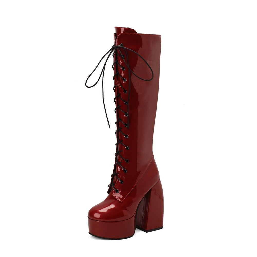 Womens Round-Toe Lace-Up Chunky-Heel Patent Leather Over-the-Knee Boots