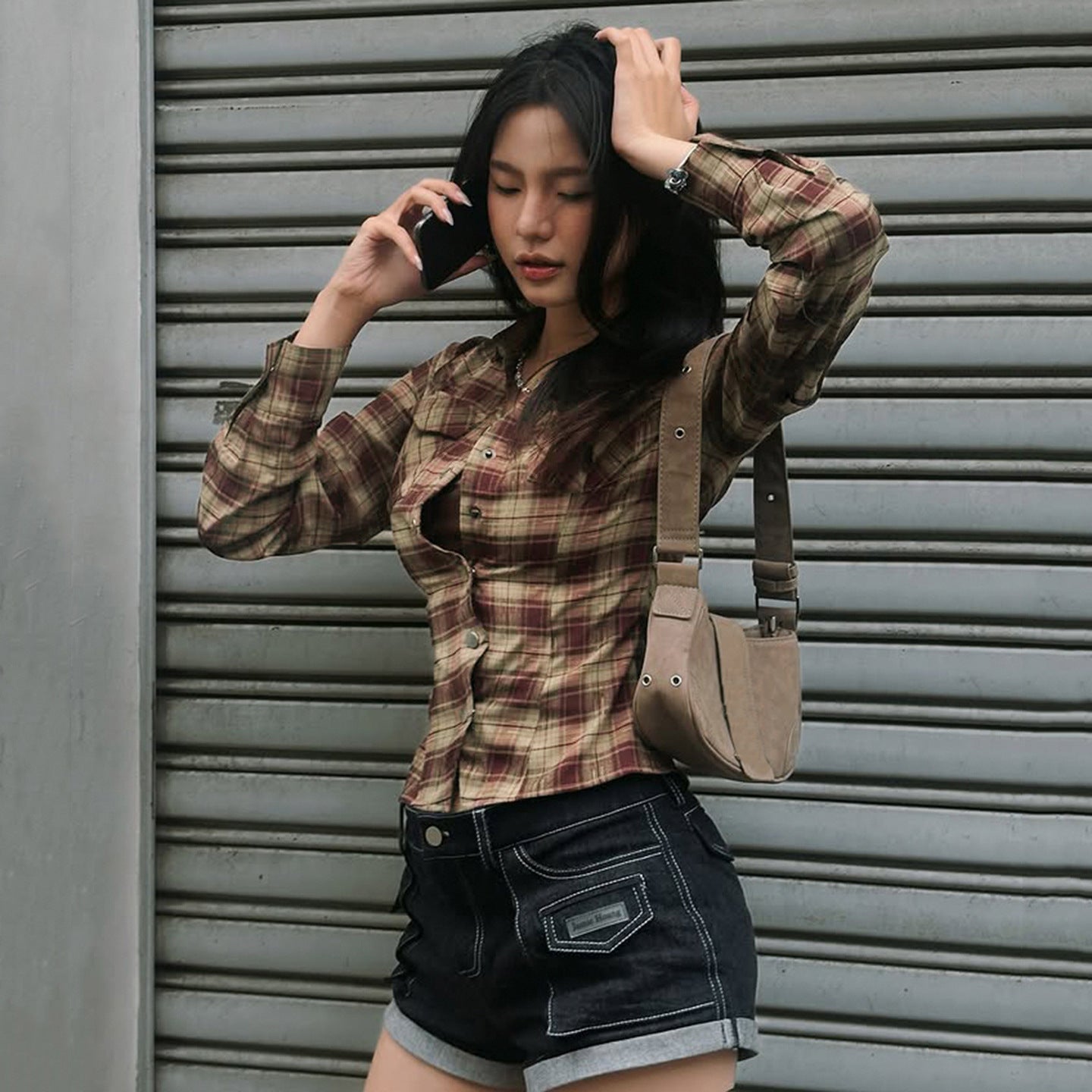 Color-contrast Check Personalized Fashion Design Pocket Long Sleeve Top