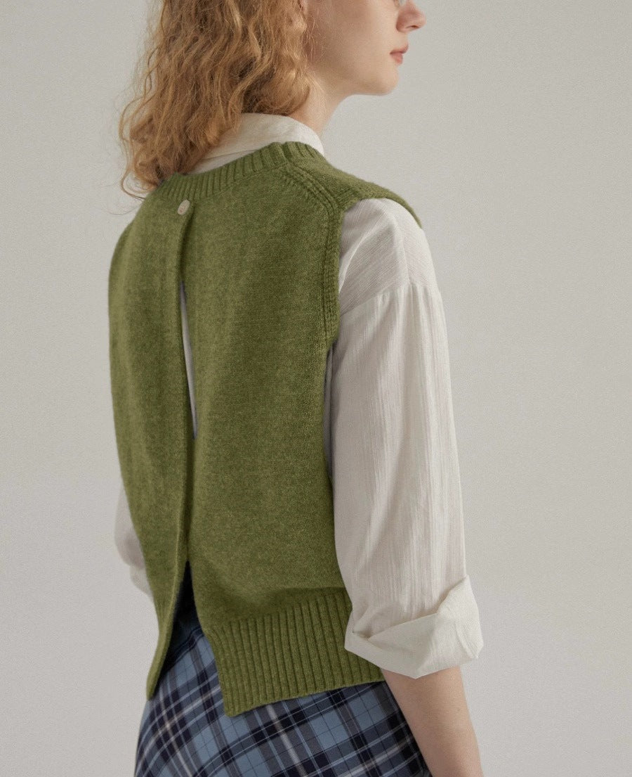 French Retro Gray Round-collar Twist Knitted Vest