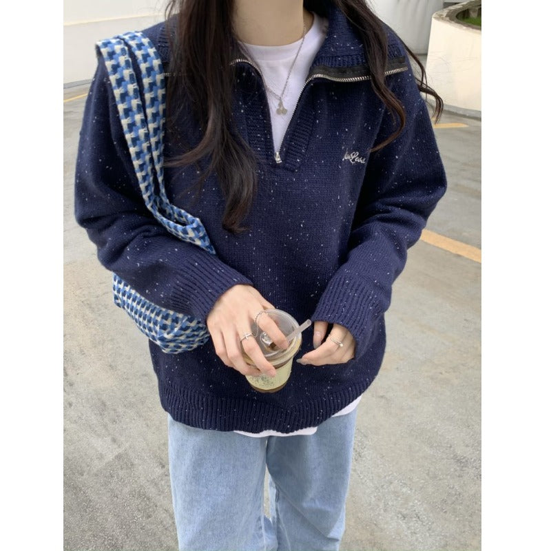 Gentle College Polka Dot Embroidery POLO Collar Knit Sweater Women