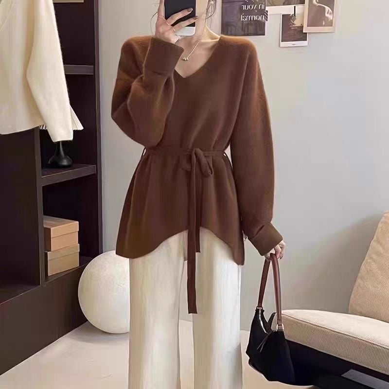 French Style Sweater Women's Mid-length Lazy Design Lace-up