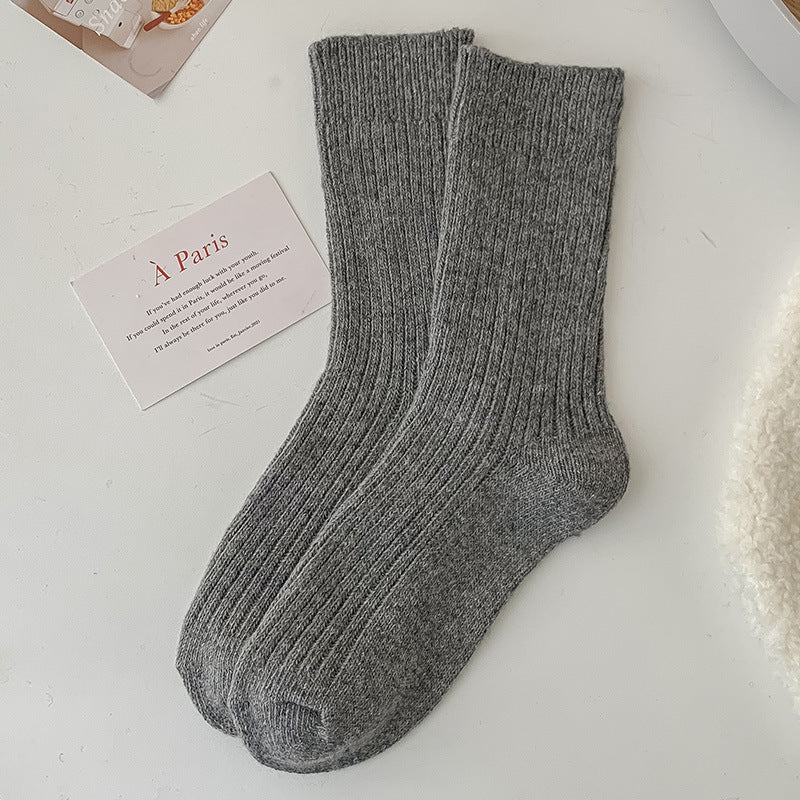 Solid-color Vertical-striped Wool Womens Socks For Fall And Winter