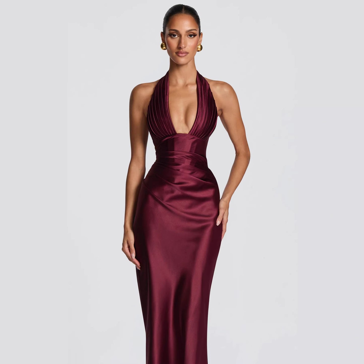 Neck-hanging Deep V-neck Pleated Lace-up Sexy Off-shoulder Slim-fit Long Dress