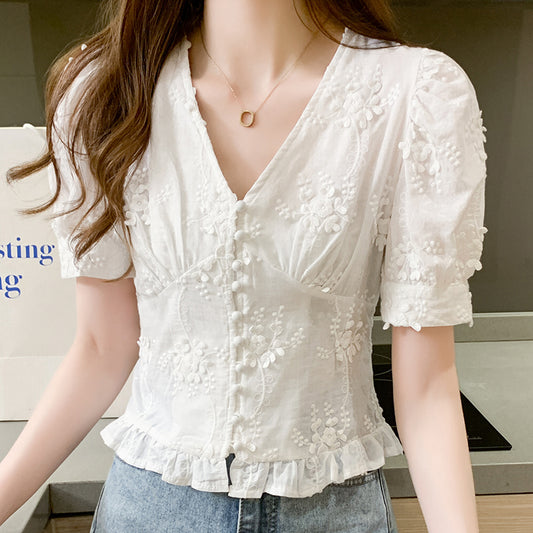 High Waist Short Waistband Small Shirt Western Style V Collar