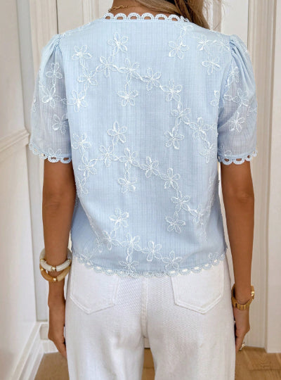 Lace-trimmed V-neck Short-sleeve Chiffon Embroidered Blouse With A French-inspired Cutout Design