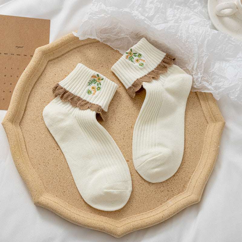 Women's Mid Tube Socks Combed Cotton Edge Embroidery