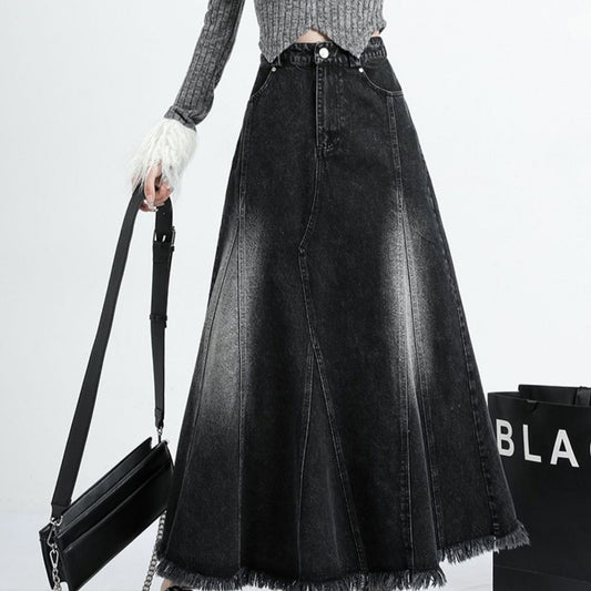 Black Denim Skirt Women's Irregular Mid-length A- Line Version Burrs Slimming