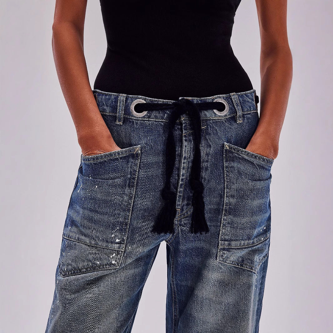 Women's Loose Straight Drawstring Splash-ink Design Casual Jeans