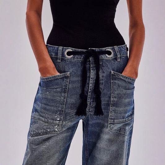 Women's Loose Straight Drawstring Splash-ink Design Casual Jeans
