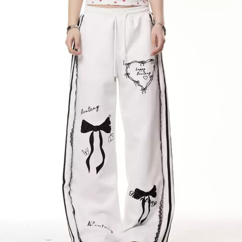 Vintage Bow Lace Casual Pants Summer Elastic Waist