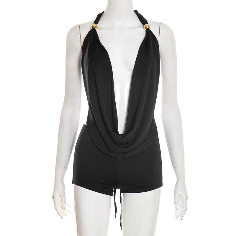 Ruffled Neckline Halter Backless Strap Sleeveless Top And Shorts Two Piece Set