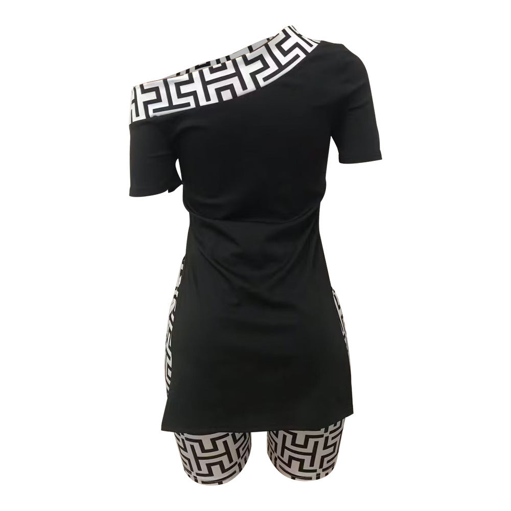 Oblique Shoulder Floral Print Slit Short Sleeve Shorts Suit