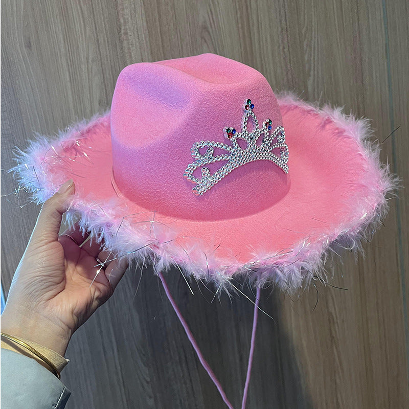 Western Denim Big Brim Sun-proof Rhinestone Crown Fedora Hat