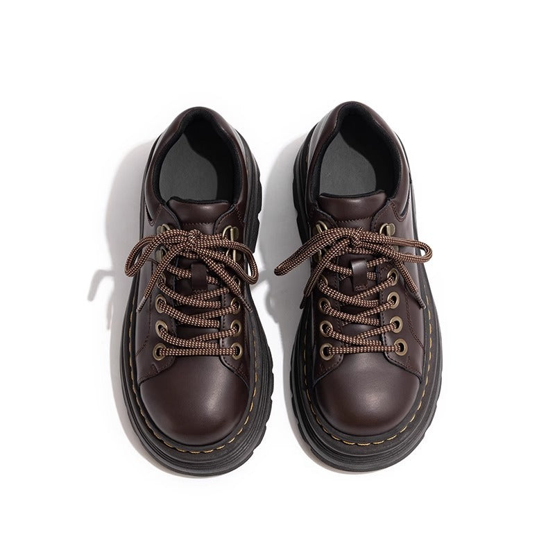 British Style Lace Up Round Toe Versatile Single-layer Shoes Low Heel Leather Shoes Women